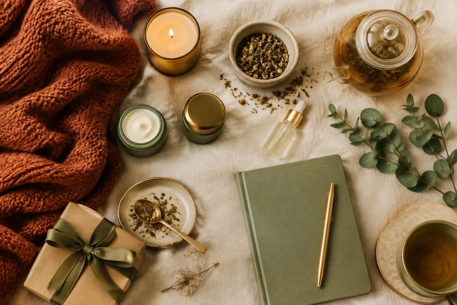 A curated wellness gift collection with skincare, candles, a cozy blanket, gourmet treats, and a silk eye mask